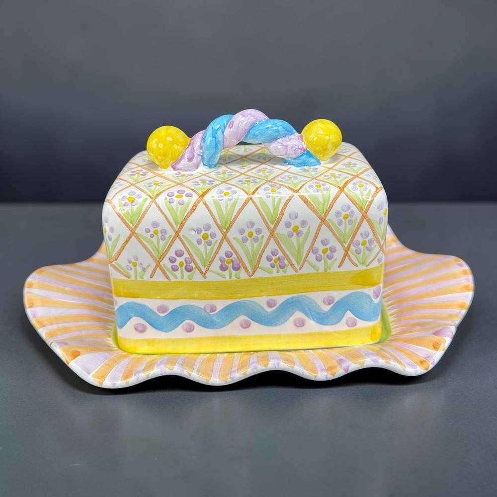MacKenzie Childs Terra Cotta Butter Dish Hand Painted Floral Checkered New Tag